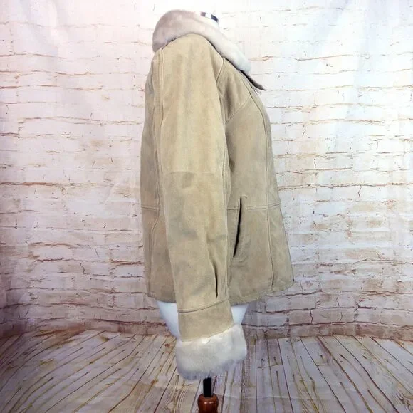 VTG Wilsons Suede Leather Bomber Aviator Flight Jacket Womens L Fur Lined Beige